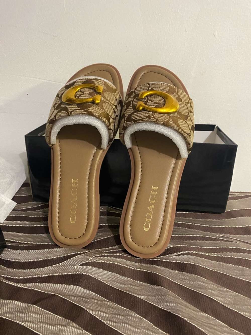 Coach Brown Signature Canvas Slide Mules with Gold Hardware